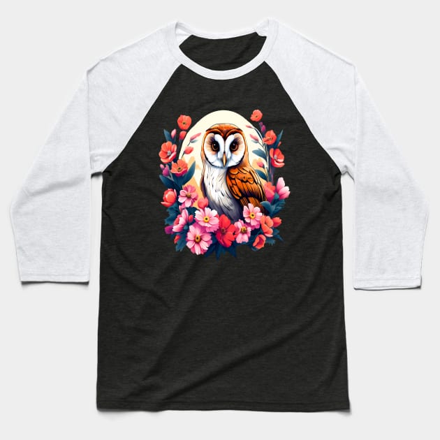 Cute European Barn Owl Surrounded by Bold Vibrant Spring Flowers Baseball T-Shirt by BirdsnStuff